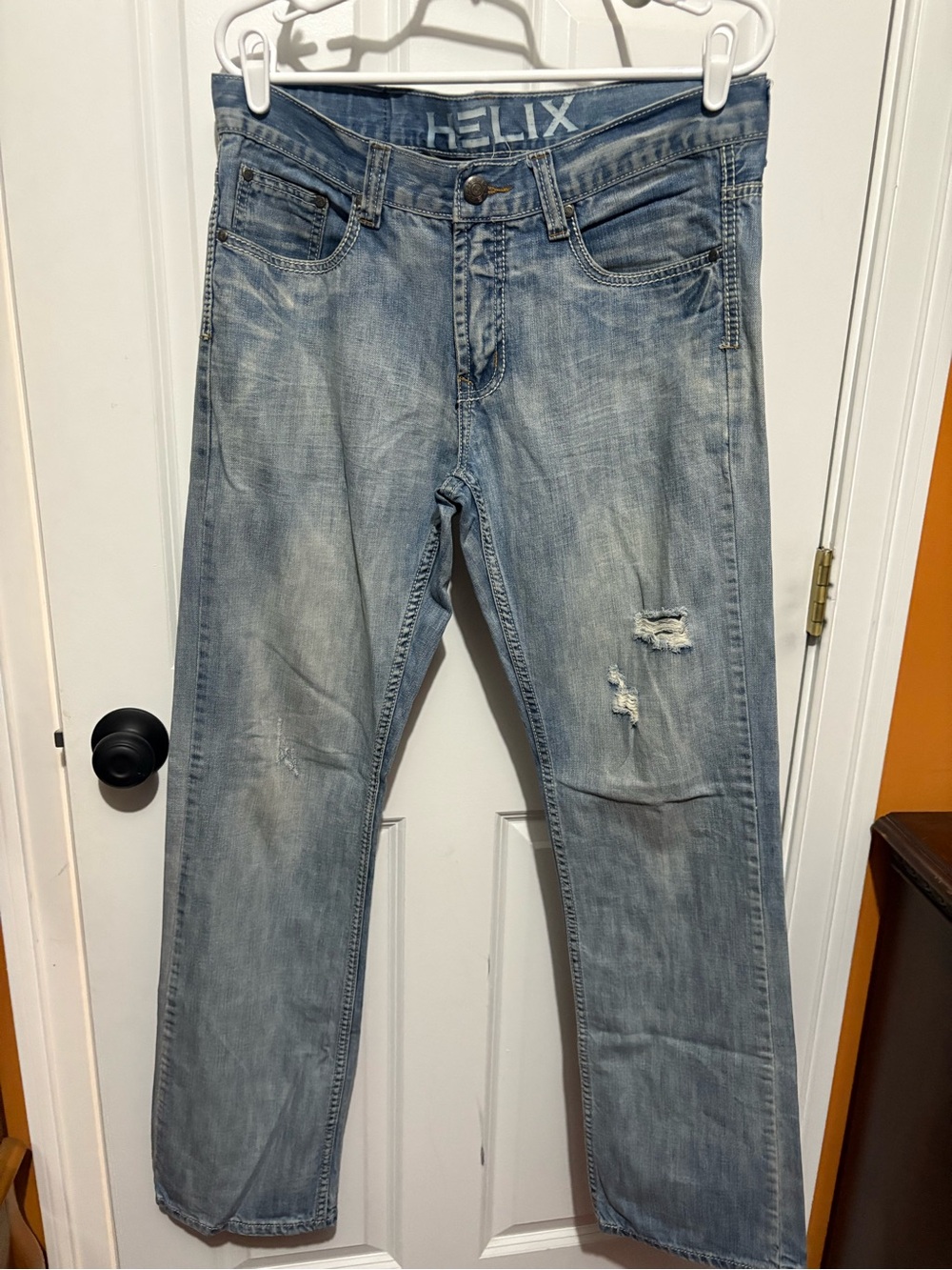 Helix Men’s Light Blue Washed Straight Jeans with Distressed Details